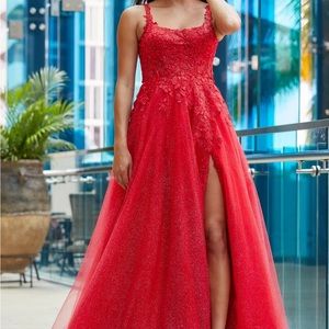 Amarra Red Floor Length Prom Gown with Lace and Rhinestone Detailing